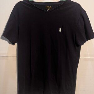 Polo Ralph Lauren V-Neck T-Shirt — Small — Black w/ White Logo — 100% Cotton